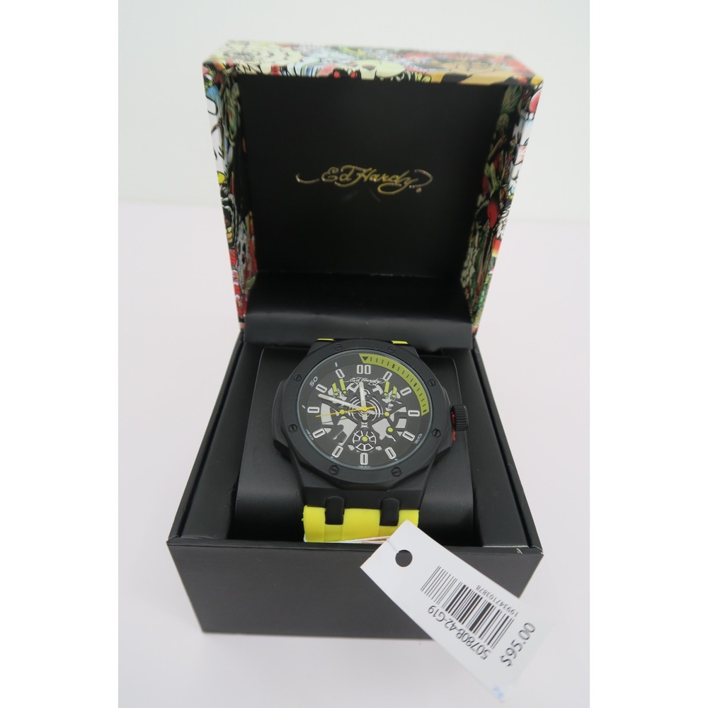 Ed Hardy Mens Black Yellow Silicone Strap Sport Watch 50780B-42-G19‎ New in Box